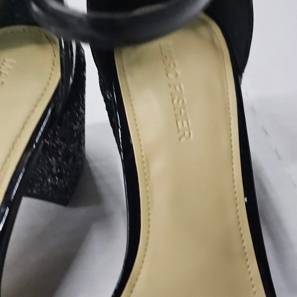 Marc Fisher Safia Black Patent Glitter Block‎ Heel Sandals 5.5M QMSAFIA NEW